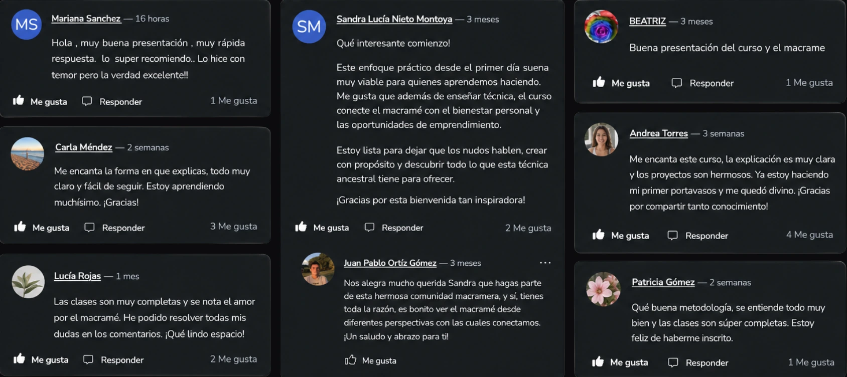 Comentarios reales de alumnas dentro de Hotmart