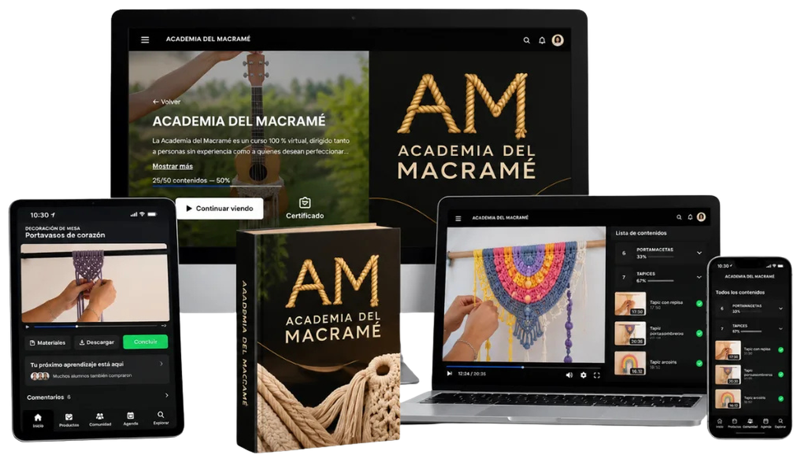 Academia del Macramé en computador, laptop, tablet, celular y libro del curso